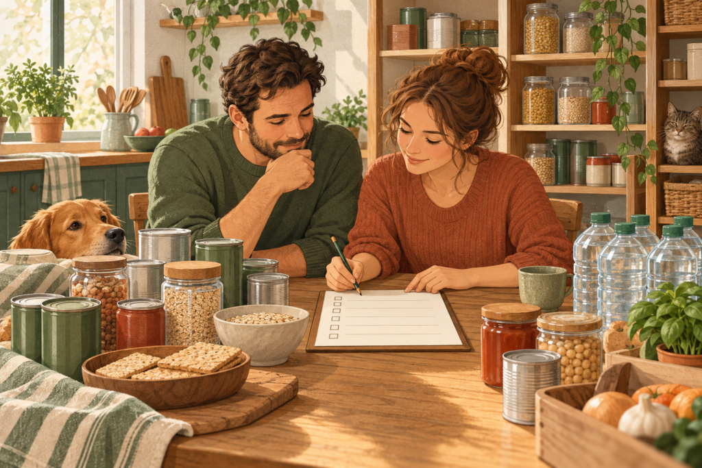 Illustration: Zwei Erwachsene planen Lebensmittel und Wasser für ihren Haushalt.