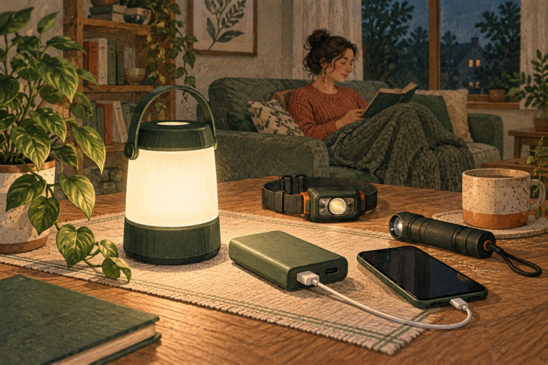Illustration: LED-Laterne, Stirnlampe, Taschenlampe und Powerbank im Wohnzimmer.