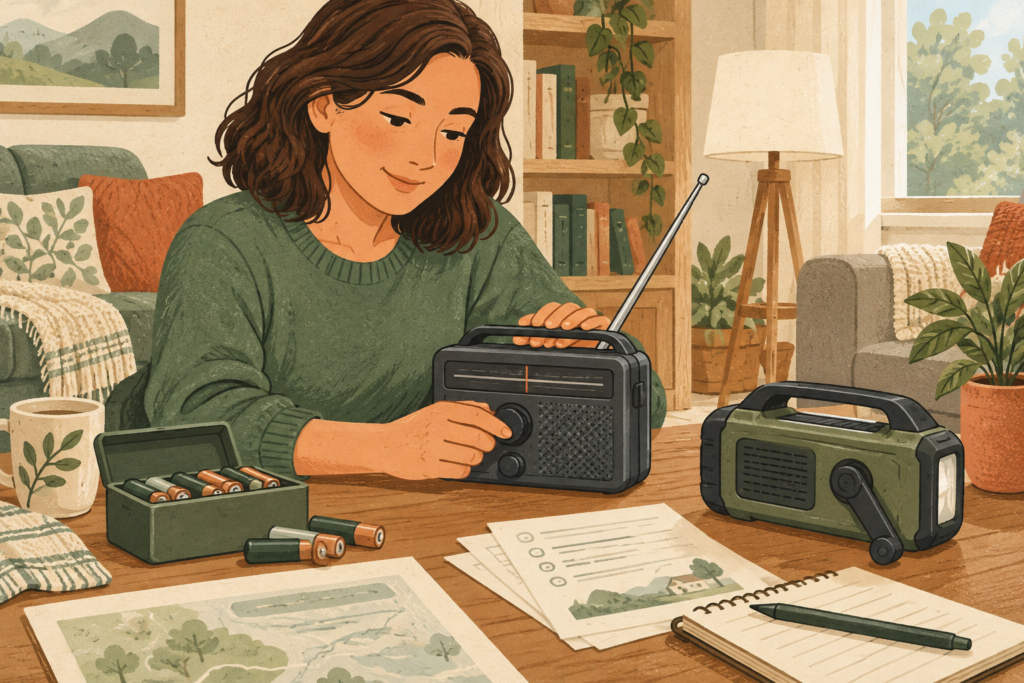 Illustration: Eine Person prüft ein Batterieradio neben einem Kurbelradio.