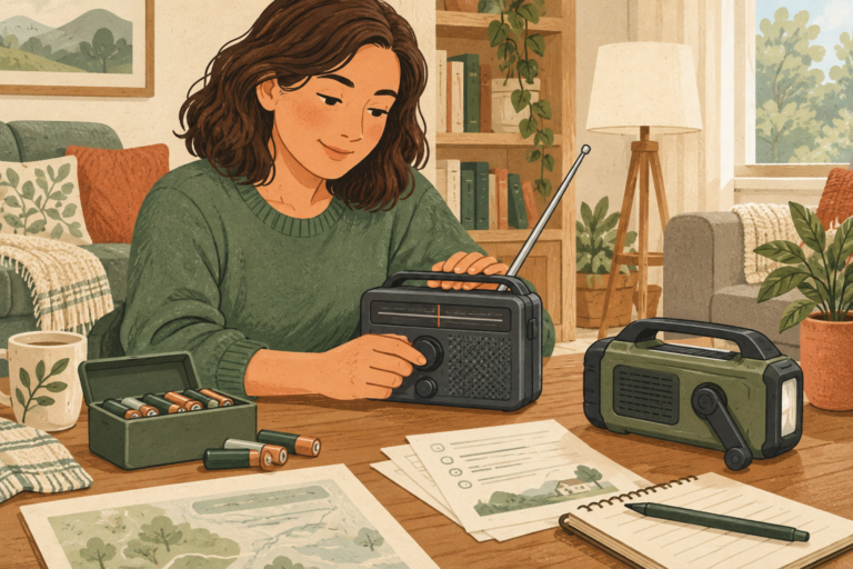 Illustration: Eine Person prüft ein Batterieradio neben einem Kurbelradio.