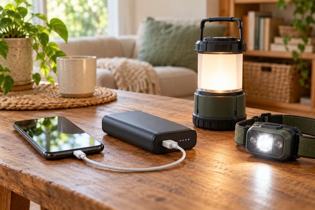 Symbolische Powerbank mit Telefon, LED-Laterne und Stirnlampe