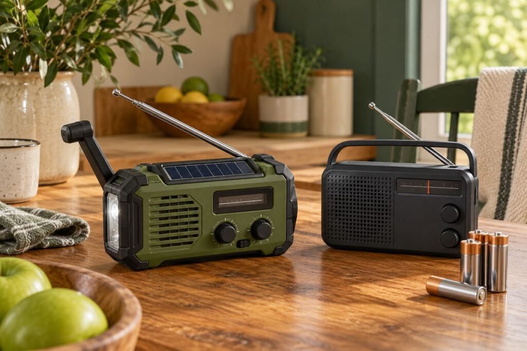 Symbolisches Kurbelradio und Batterieradio auf einem Tisch