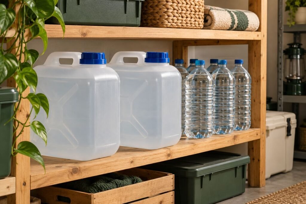 Wasserkanister und verschlossene Wasserflaschen auf einem Regal